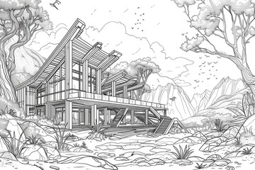 Coloring book illustration of a contemporary wooden architectural masterpiece set in a wild landscape featuring natural elements and a focus on exploration and wildlife observation