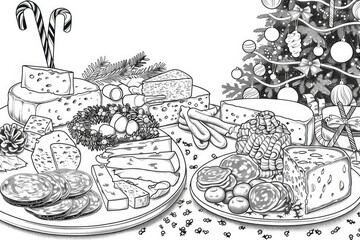 Coloring book illustration of a festive charcuterie table with various cheese and meat appetizers Holiday decorations including a Christmas tree wreath and candy cane arrangements