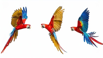 Fototapeta premium feathers isolated on white background, Collection of three birds, flying macaw parrots set on white background