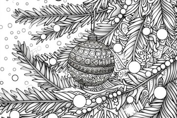 Coloring book illustration of a brown ornament on a decorated tree with soft glowing lights in the background