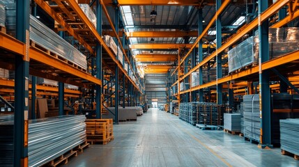 Fototapeta premium Steel factory warehouse displayed aluminum profile for window, door, bathroom box