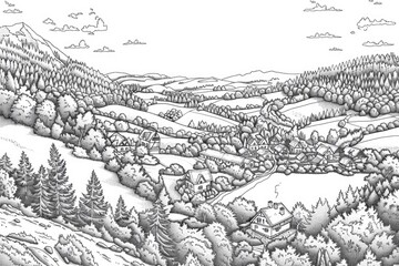 Coloring book illustration of a bird s eye view of a small village surrounded by forests and fields from a mountain top