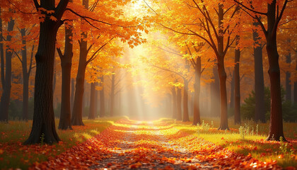 Golden autumn forest with vibrant leaves and an empty space in the middle perfect for overlaying inspirational quotes or personalized messages. Digital. Soft shadows