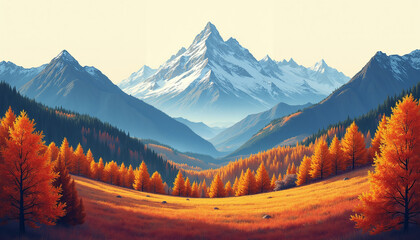 Stunning autumn mountain range with golden forests and a blank center ideal for adding text overlays or creating unique seasonal designs. Pop Art. Vibrant colors