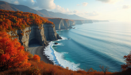 Autumn coastal cliffs surrounded by colorful trees with an empty middle space perfect for text...