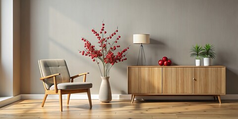 Mid-Century Modern Living Room with Wooden Cabinet, Red Berries and Chair, Interior Design, Minimalist, Home Decor, Living Room, Home