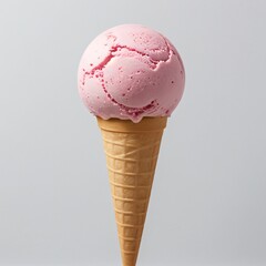 Pink soft serve ice cream in a cone on white background..