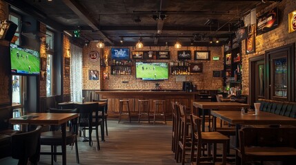Empty sports bar interior with tv screen