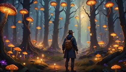 Naklejka premium An individual explores an enchanted forest filled with glowing mushrooms and magical lights at night, creating a fantastical and serene atmosphere of wonder and mystery.
