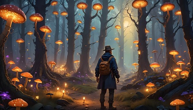 An individual explores an enchanted forest filled with glowing mushrooms and magical lights at night, creating a fantastical and serene atmosphere of wonder and mystery.