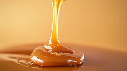Caramel candy topped and poured with liquid caramel composition background 