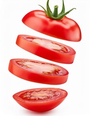 Cortes de tomate flotando, con un fondo blanco.