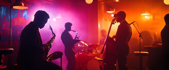 Fototapeta premium Silhouettes of musicians performing on stage in a dimly lit club.
