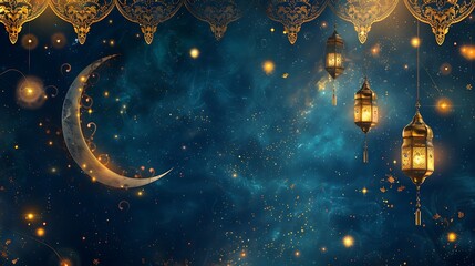 Golden Lanterns and Crescent Moon in a Starry Night
