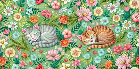 Sleeping Cats in a Garden of Colorful Flowers, digital illustration, cats, flowers, green background, cat, flower