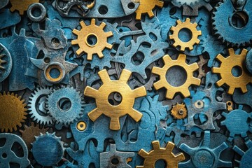 Close-up of Interlocking Metal Gears with Blue and Gold Tones