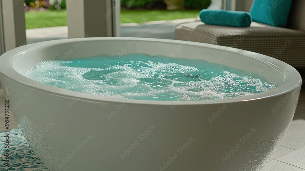 Sticker   A bathtub sits atop a tiled floor, beside a chair and patio area