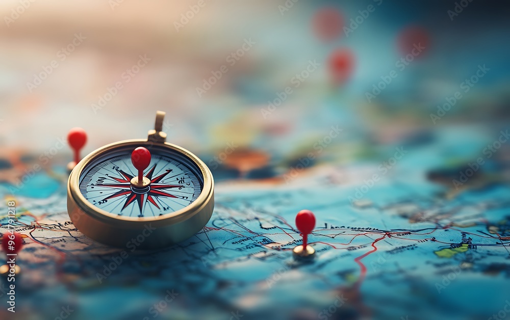 Wall mural a detailed compass with red pins on a map, with a background of abstract blue and blurred world maps