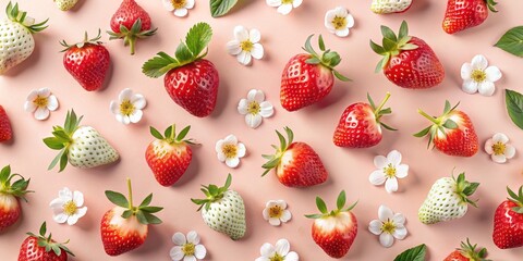 Strawberry Blossom Pattern White and Red Strawberries with Flowers on Pink Background, food photography, flat lay, fruit, flower, spring, strawberry