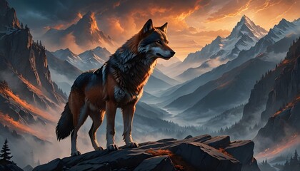 A majestic wolf stands on a rocky outcrop, gazing over a vast, mountainous landscape during a dramatic sunset, capturing the essence of wilderness and solitude.