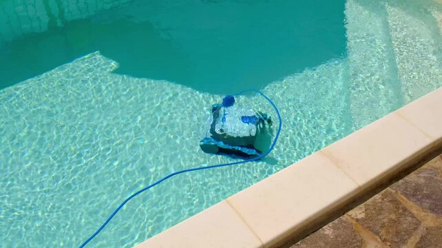 Pool Cleaner Robot cleans a pool with clear turquoise water on a sunny summer day. Pool cleaning concept for hotels, resorts and country houses.