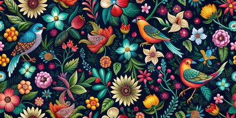 Fototapeta premium Vibrant Floral and Bird Pattern Digital Illustration, Colorful Flowers and Birds on Dark Background, Seamless Repeat, Floral Pattern, Botanical Art, Birds, Digital Art