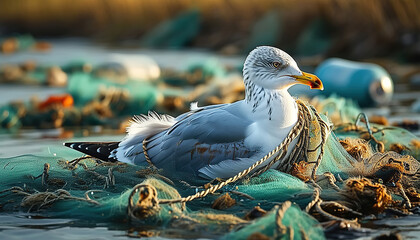 A sea gull entangled in a pile of discarded fishing nets and ropes on the background of plastic garbage. Pollution and protection of the environment and marine ecosystem. AI, Generation, Illustration.