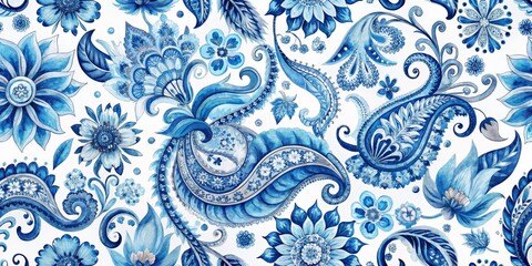 Watercolor Blue Floral Paisley Pattern, seamless pattern, vintage textile, blue flowers, paisley print, floral background, textile design