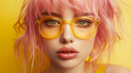 Fototapeta premium Closeup portrait of hipster woman with pink dyed hair, wearing yellow funky sunglasses