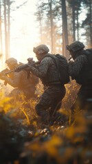 Naklejka premium Soldiers in camouflage and tactical gear advance through the forest during the battle at dawn