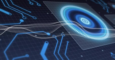 Animation of digital data processing over scope scanning and circuit board - Powered by Adobe