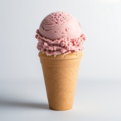 Pink soft serve ice cream in a cone on white background..