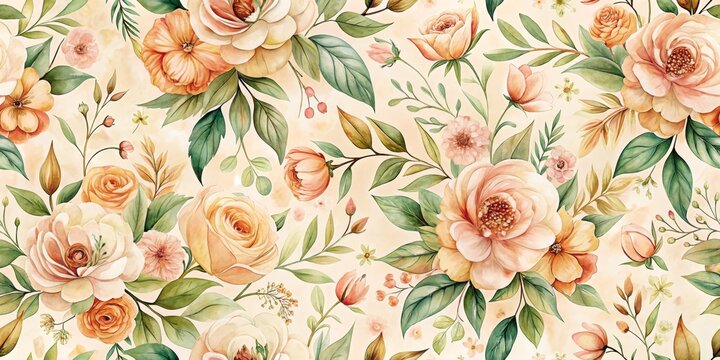 Watercolor Floral Seamless Pattern with Peach and Yellow Roses, Green Leaves on Beige Background, Floral, Watercolor, Seamless Pattern