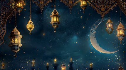Ramadan Night Sky with Lanterns and Crescent Moon