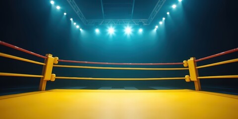 A dynamic view of an empty boxing ring illuminated by stage lights, perfect for sports promotions, event marketing, and athletic branding.