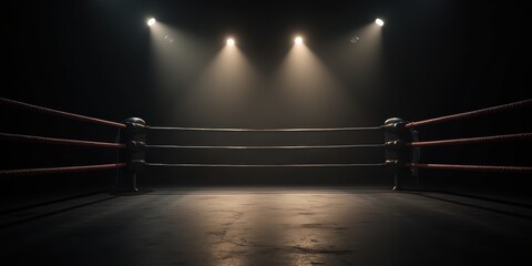 A dramatic view of an empty boxing ring under spotlight, ideal for sports promotions, motivational content, or event marketing.