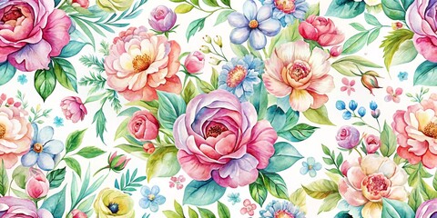 Watercolor Floral Seamless Pattern with Pink Roses, Green Leaves and Blue Flowers, Watercolor, Seamless, Floral Pattern, floral, watercolor