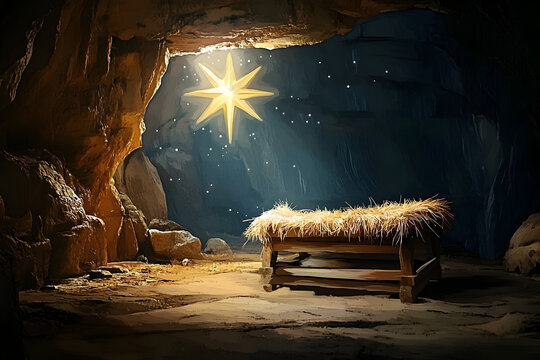 empty wooden manger in cave with star of bethlehem christian nativity scene background digital painting