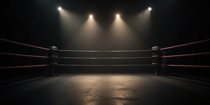 A dramatic view of an empty boxing ring under spotlight, ideal for sports promotions, motivational content, or event marketing.