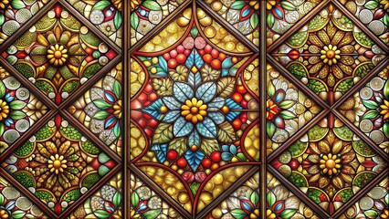 Colorful stained glass panel, vibrant mood, representing artistry and decoration in rich hues with copy space
