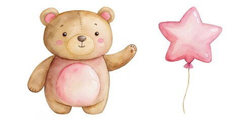 Watercolor illustration of a cute teddy bear holding a pink star balloon, watercolor, illustration, character, bear, star balloon