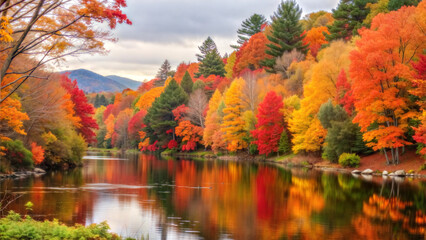 Obraz premium Autumn Landscape with a River and Brightly Colored Trees on the Banks