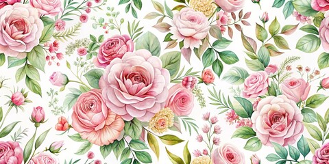 Watercolor Pink Roses and Greenery Seamless Pattern, Floral, Botanical, Wallpaper, Fabric, Print, Design