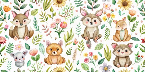 Naklejka premium Watercolor Seamless Pattern of Adorable Woodland Critters in a Garden Setting, watercolor, seamless pattern , animal illustration