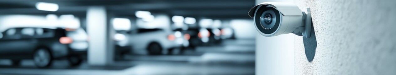 Obraz premium Security camera monitoring vehicles in a dimly lit parking garage