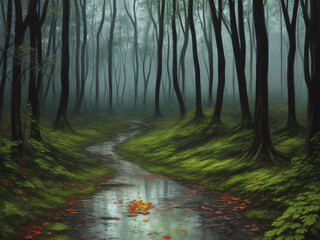 Obraz premium Small river through lush green woods wet forest water stream on stormy day