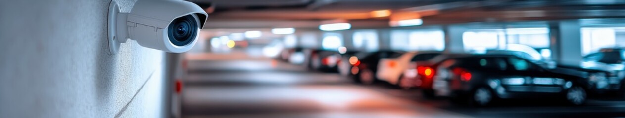 Fototapeta premium Security camera overlooking parked cars in an underground garage