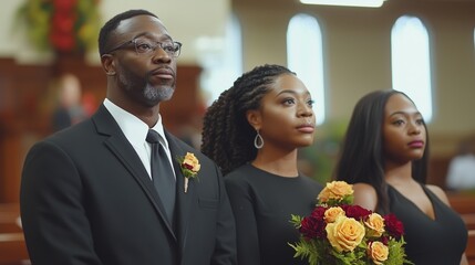 An African American family stands in mourning during a funeral procession. The image captures the somber atmosphere of the ceremony.