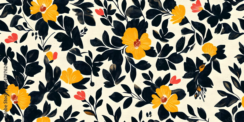 Poster modern printed fabric flower block print pattern with linen texture effect. stylized boho dark flora