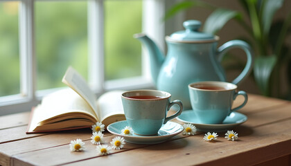 A serene wooden table displays a teapot and two light blue speckled ceramic cups